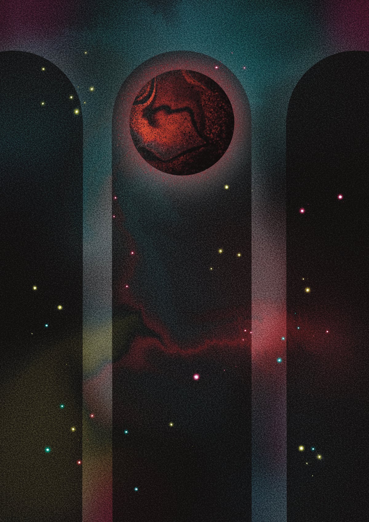 Space Temple with red planet by Amy Louise Baker