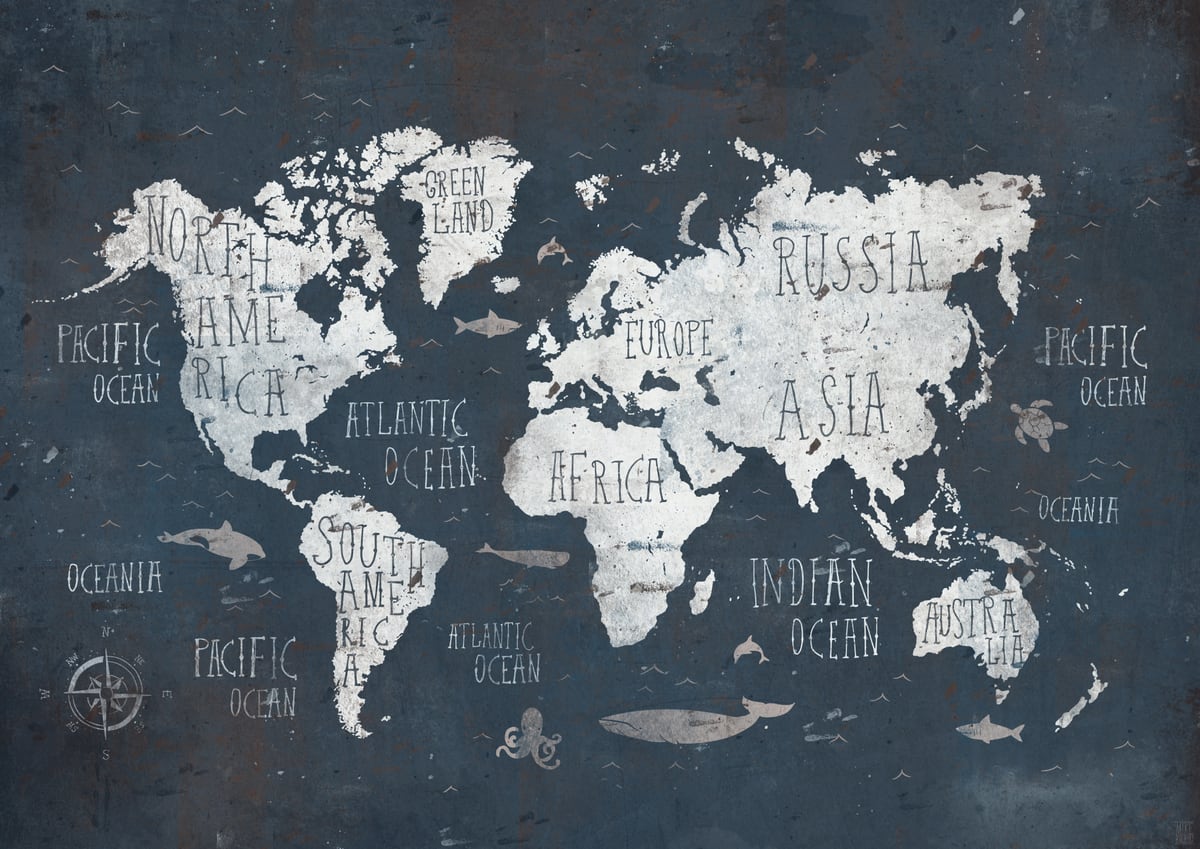 World Map- Rusty Blue by Mike Koubou