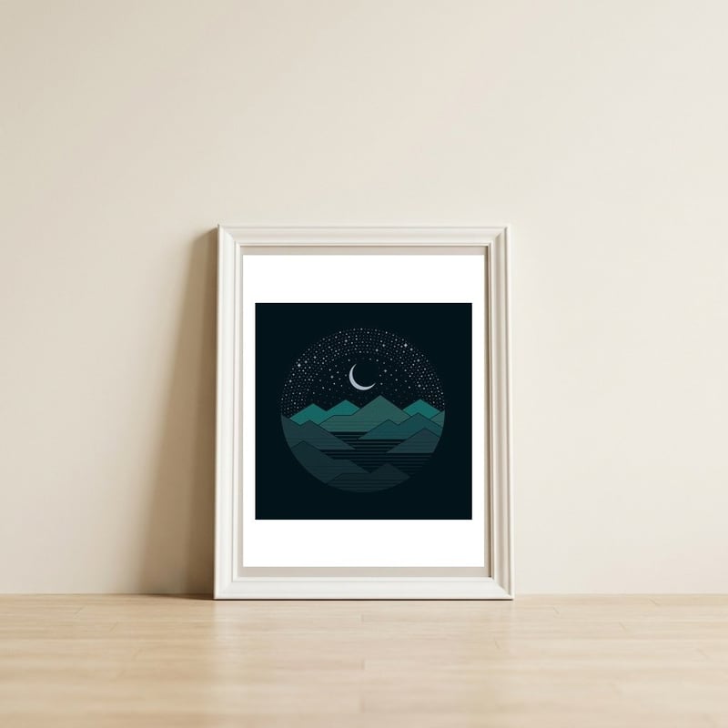 Between The Mountains And The Stars — framed, leaning against the wall