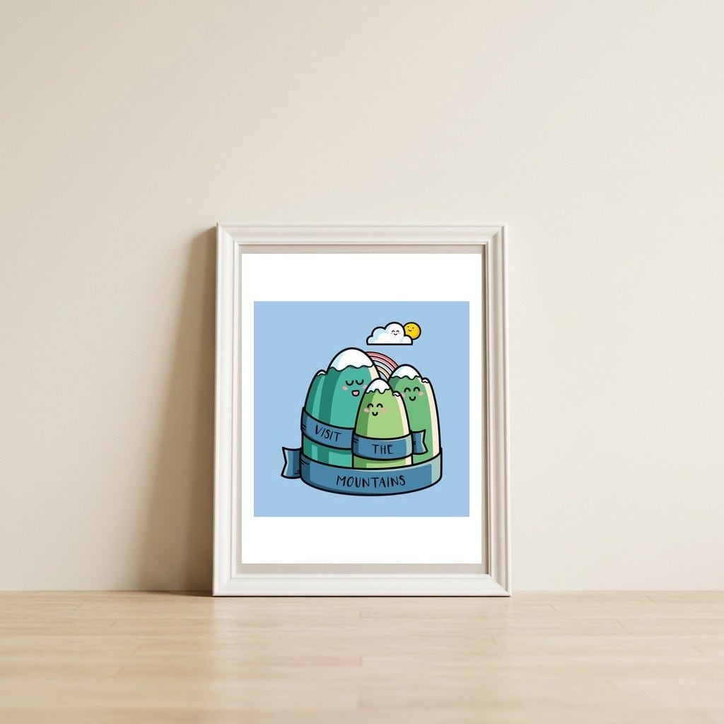 Kawaii Cute Visit the mountains — framed, leaning against the wall