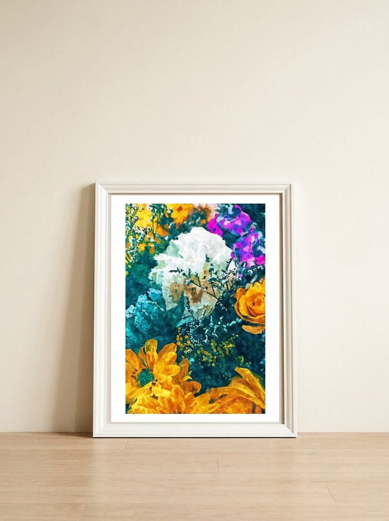 Dark & Floral — framed, leaning against the wall