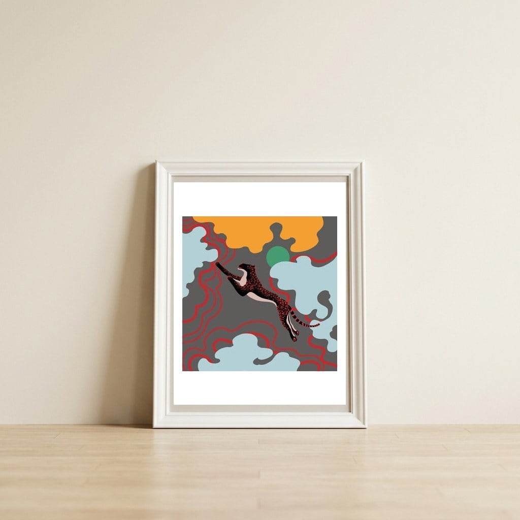 black leopard — framed, leaning against the wall