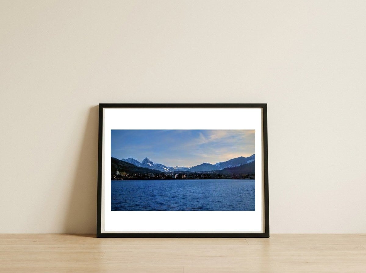 Lake in the Alps — framed, leaning against the wall