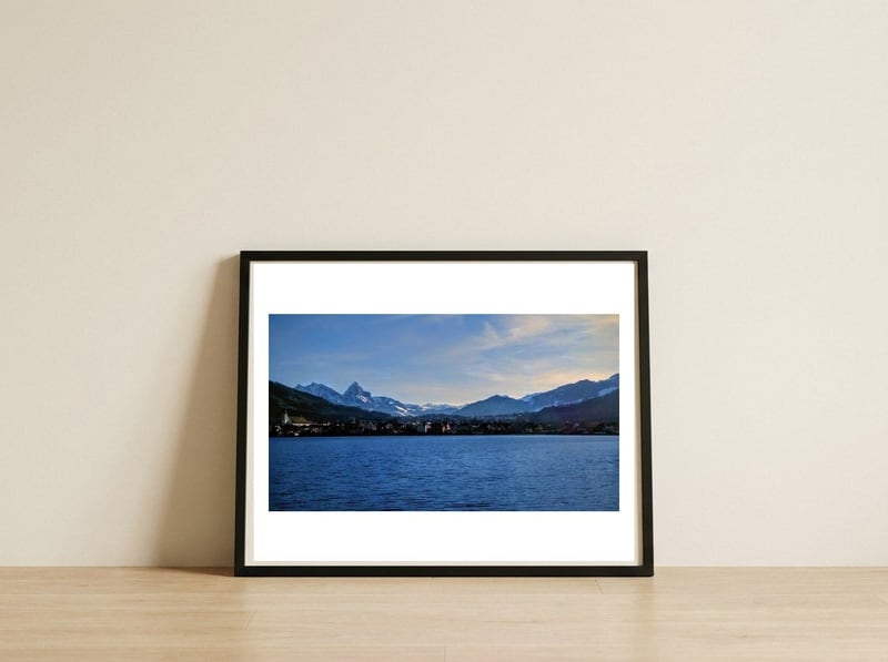Lake in the Alps — framed, leaning against the wall
