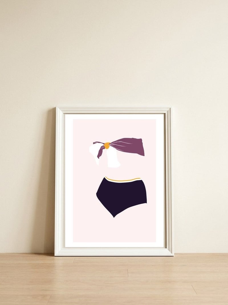 Bikini Aubergine — framed, leaning against the wall