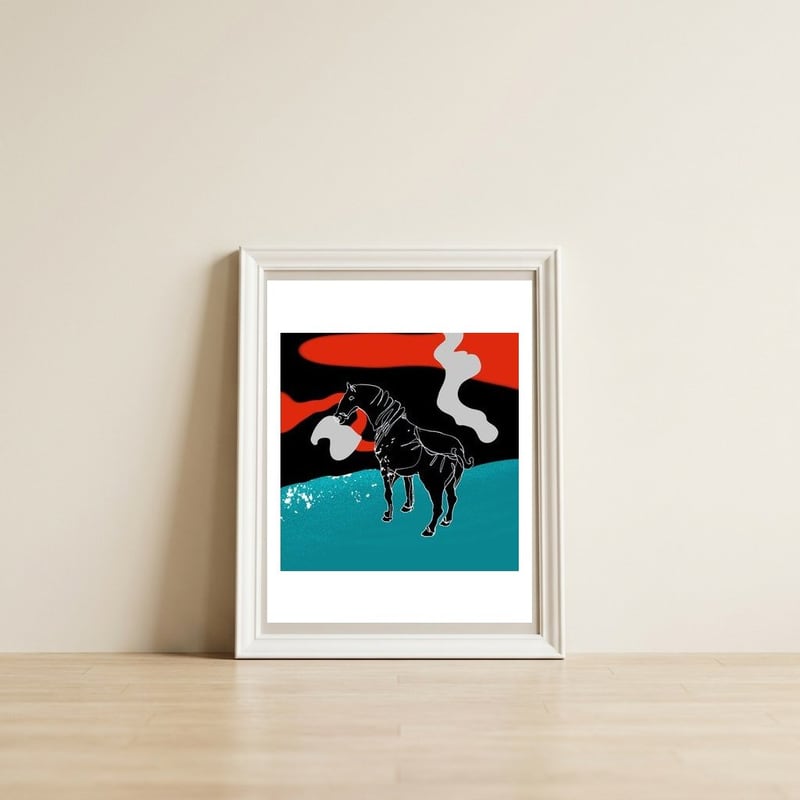  black Horse — framed, leaning against the wall