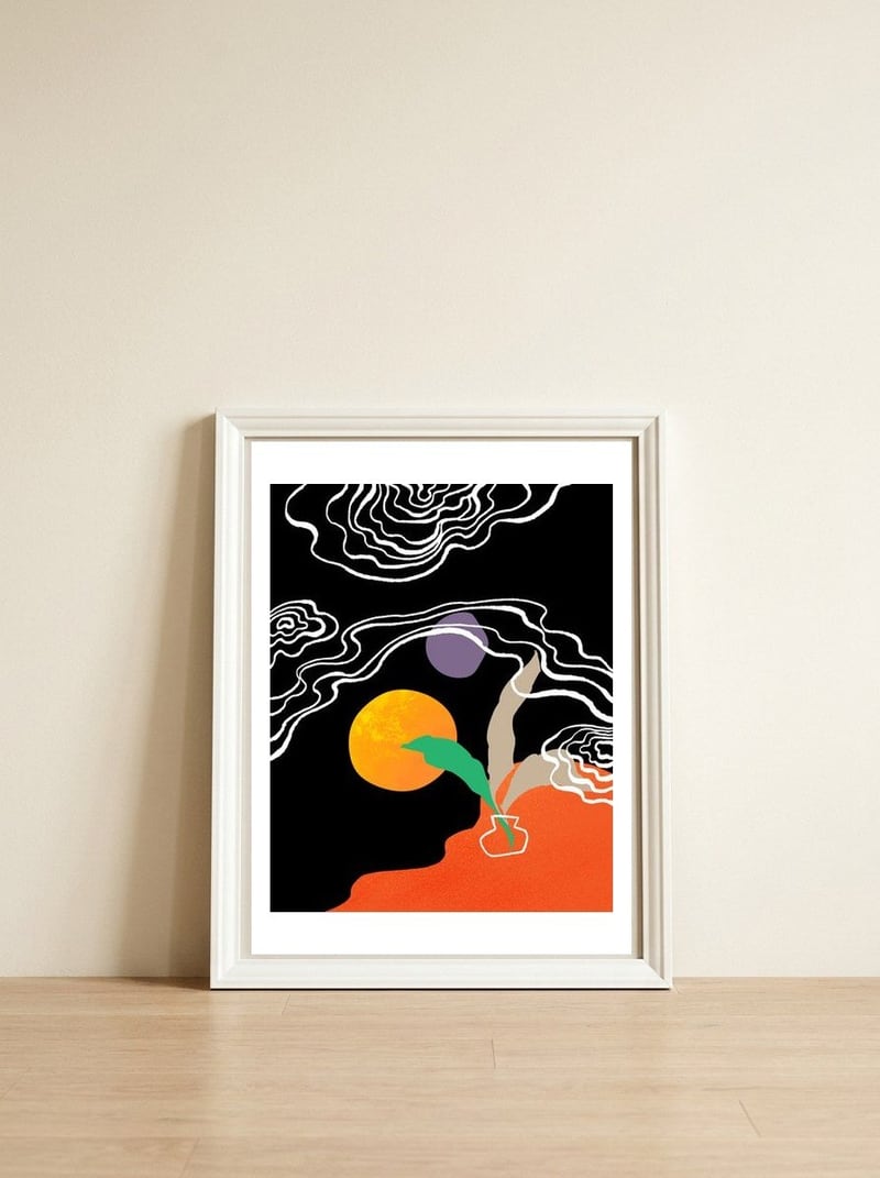 leave — framed, leaning against the wall