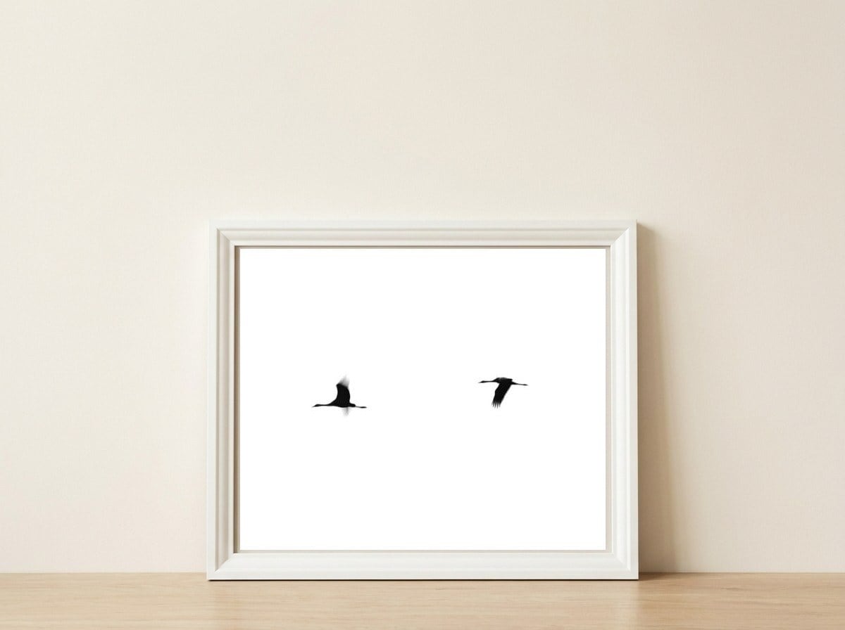 Crane(s) II — framed, leaning against the wall