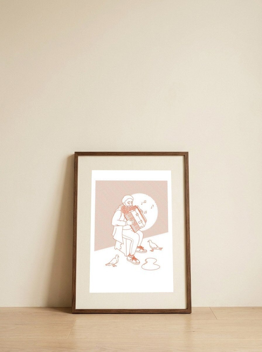 "For Love Not Money" in Orange — framed, leaning against the wall
