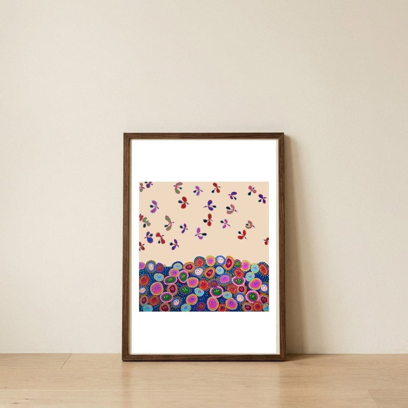 Happy World (pink) — framed, leaning against the wall