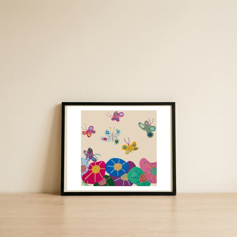 Butterflies Garden (pink) — framed, leaning against the wall