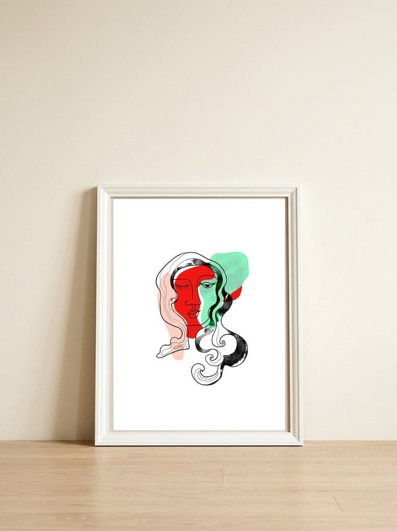 Colorful woman — framed, leaning against the wall