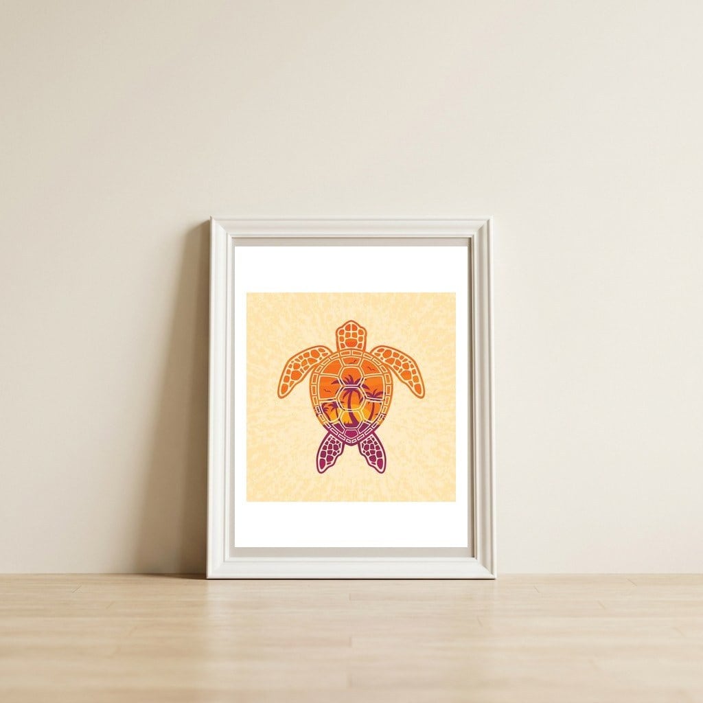 Tropical Sunset Sea Turtle Design — framed, leaning against the wall