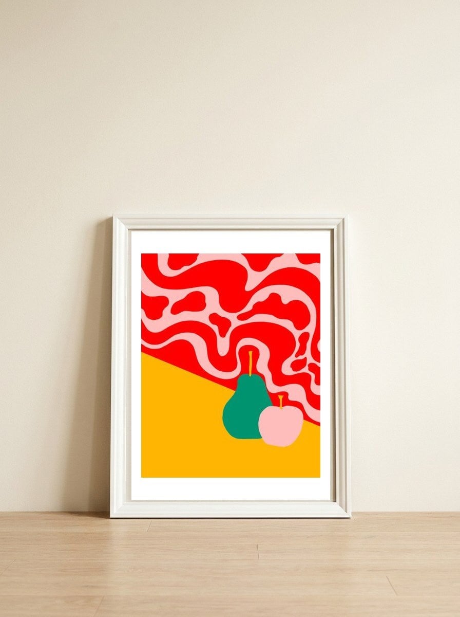 apple and pear — framed, leaning against the wall