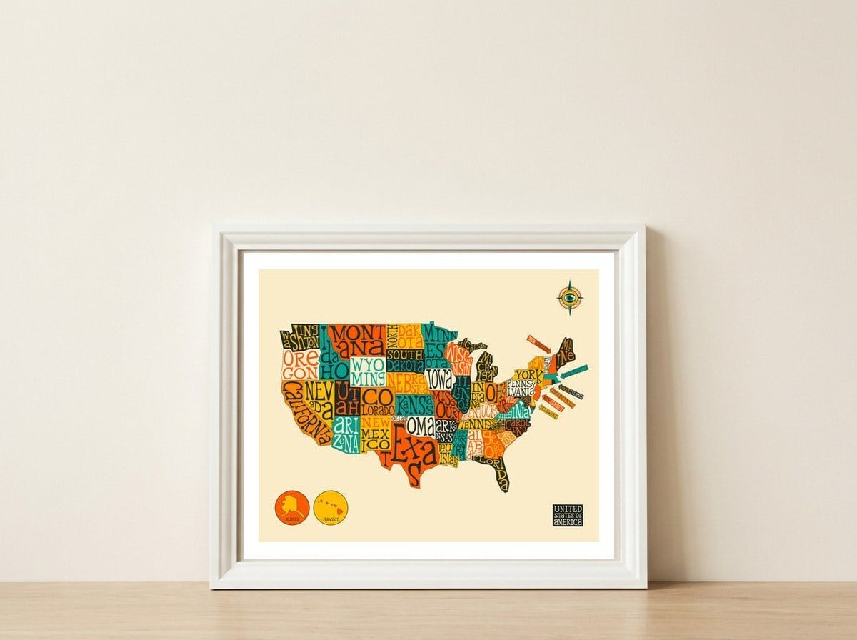 UNITED STATES MAP — framed, leaning against the wall