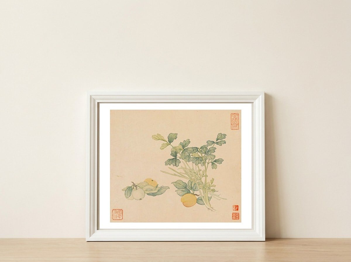 Wang Chengyu~flowers And Vegetables, Vegetables, Fruits, Plums, Apricots, Celery — framed, leaning against the wall
