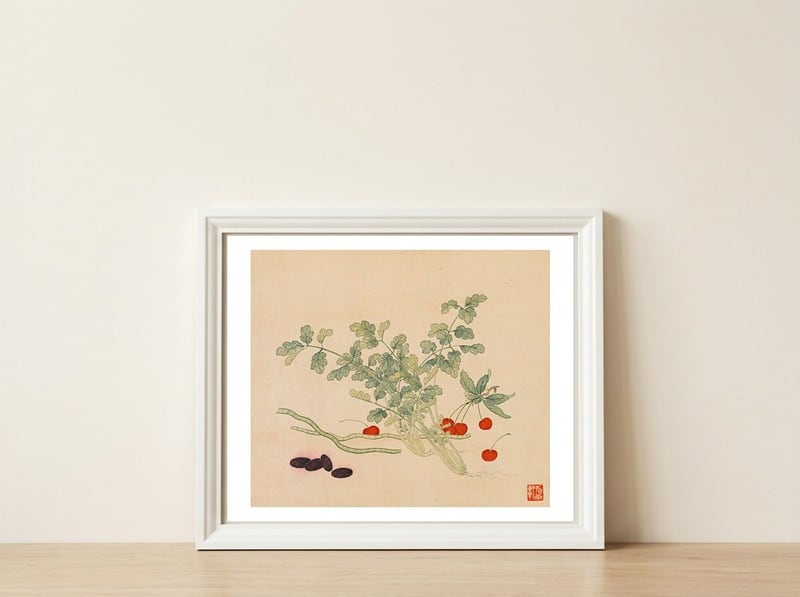 Wang Chengyu~flowers And Vegetables, Vegetables, Fruits, Beans, Red Beans, Cherries, Celery — framed, leaning against the wall