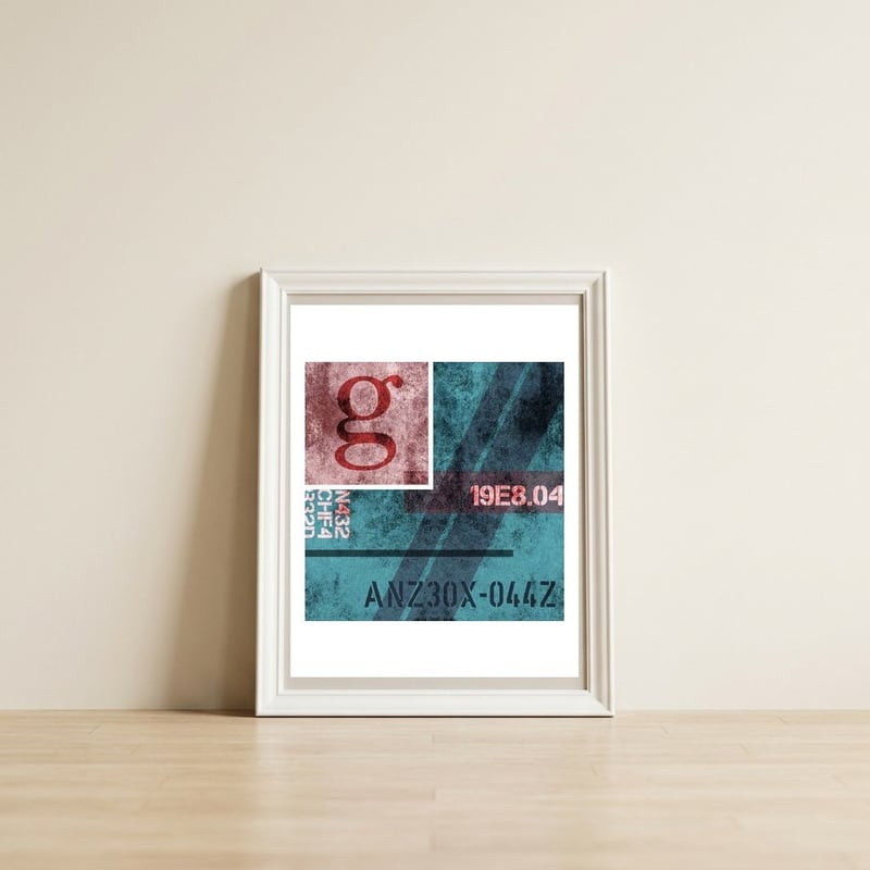 Abstract Industrial Blue — framed, leaning against the wall