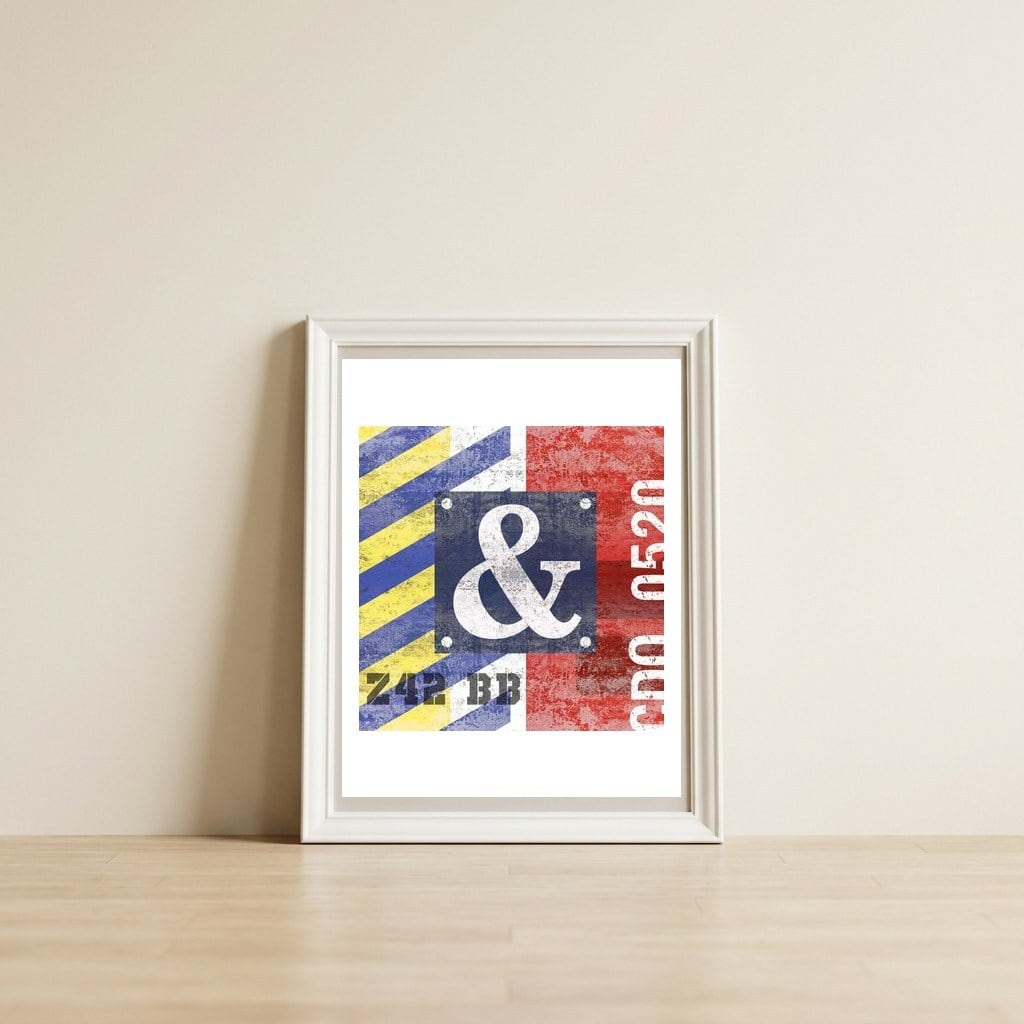 Blue Ampersand Industrial Abstract — framed, leaning against the wall