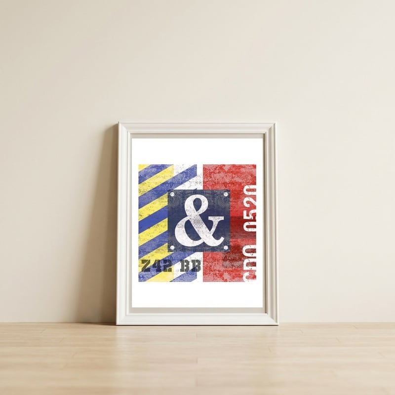 Blue Ampersand Industrial Abstract — framed, leaning against the wall