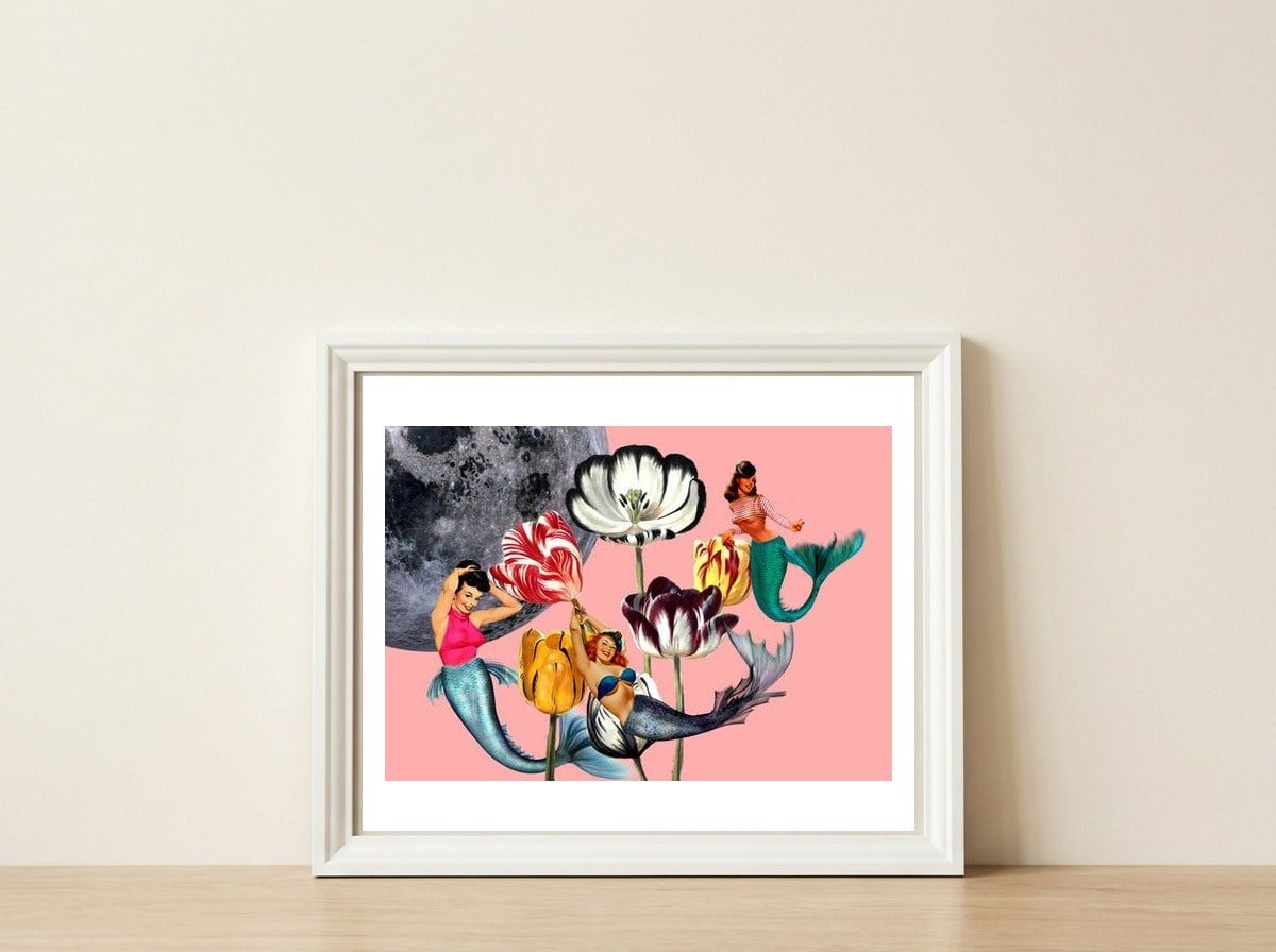Mermaid Floral with moon — framed, leaning against the wall