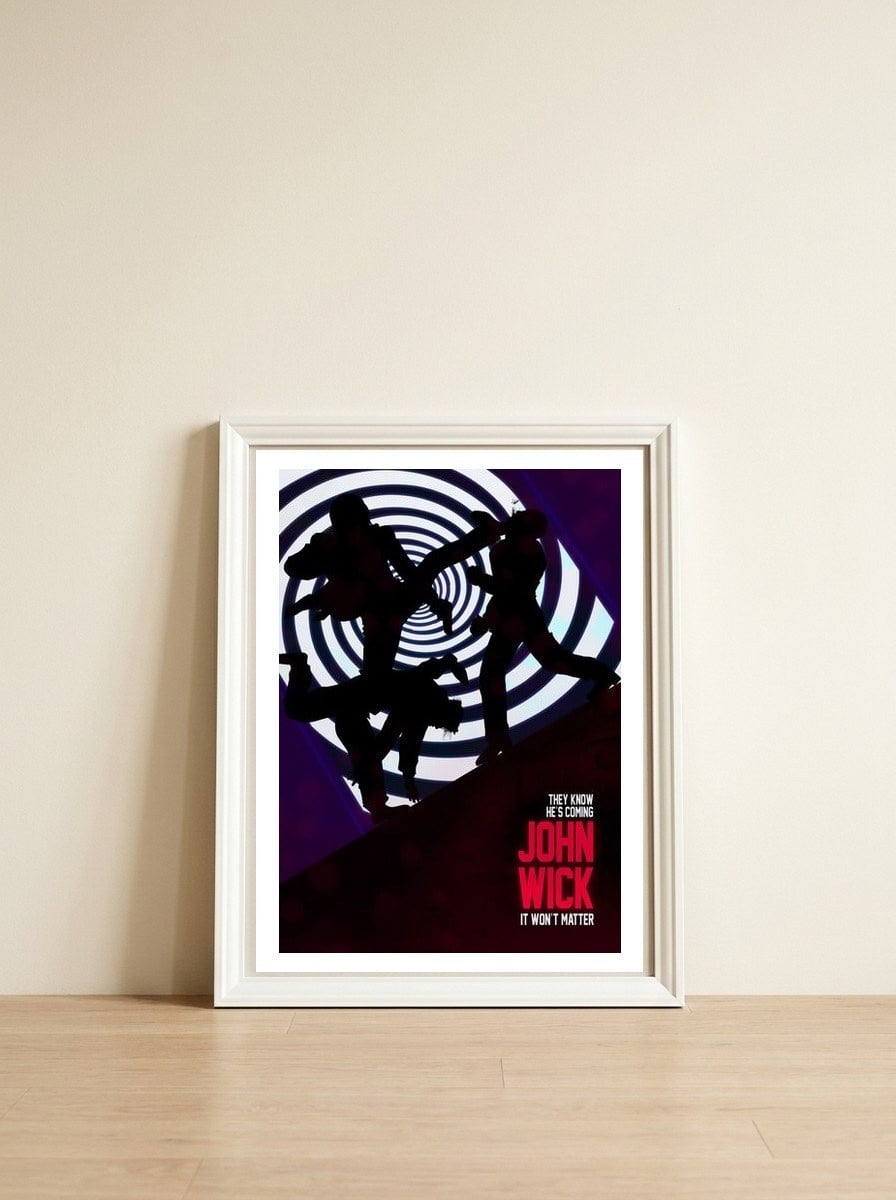 John Wick Minimal Movie Poster — framed, leaning against the wall