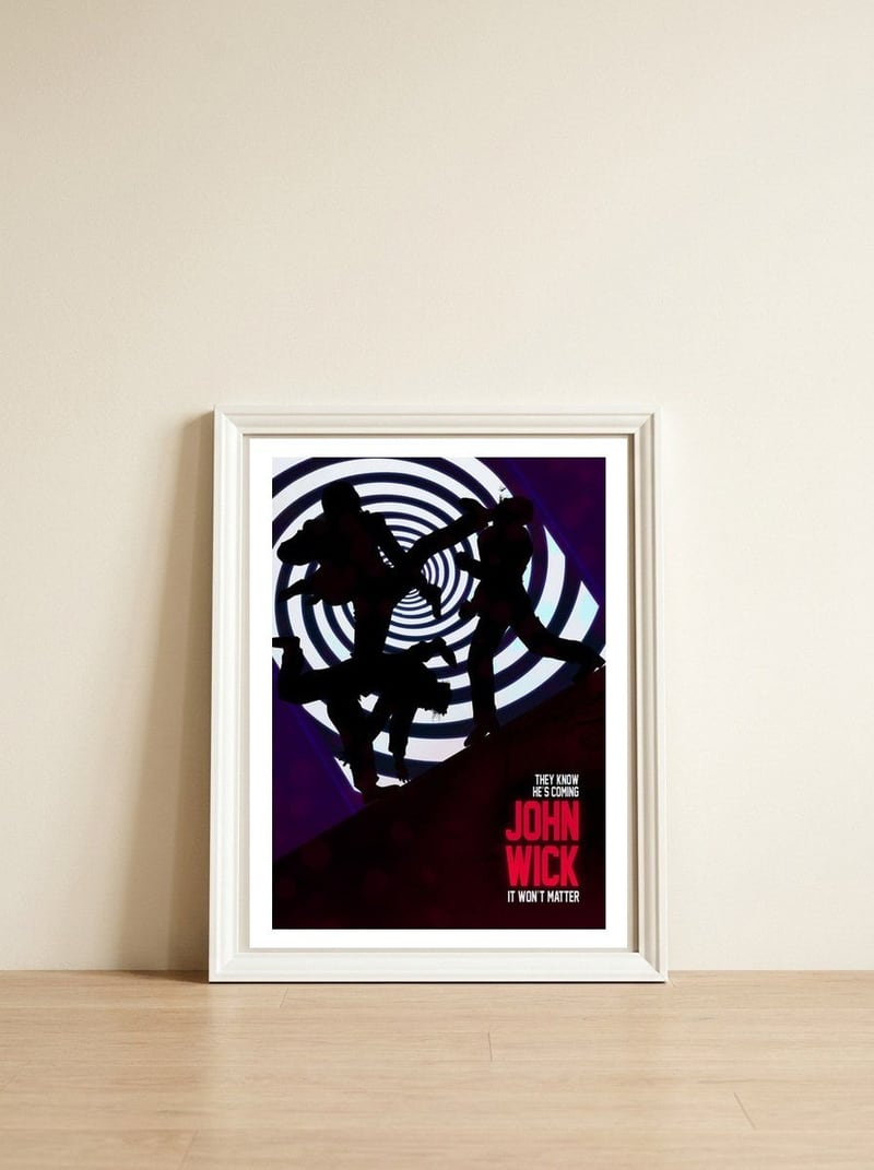 John Wick Minimal Movie Poster — framed, leaning against the wall