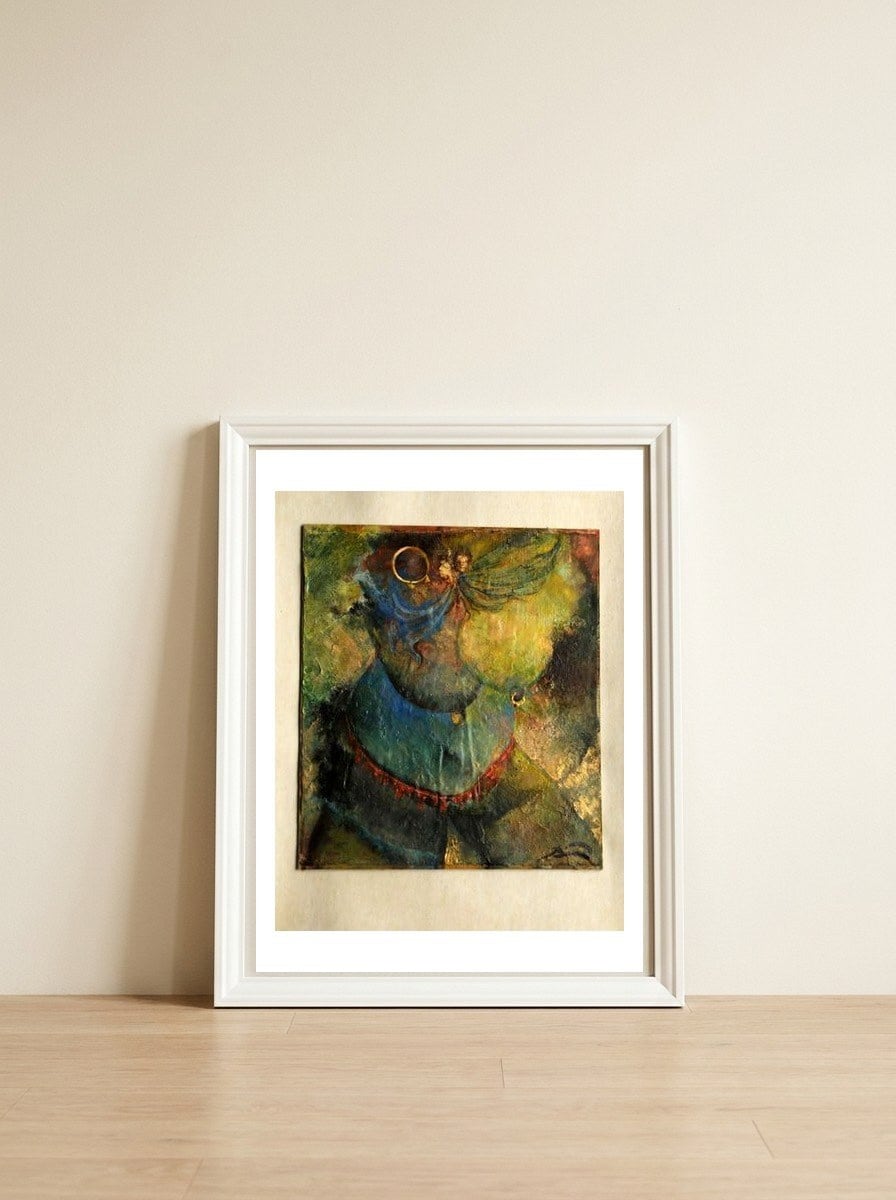 Angels.acryl.25x23cm — framed, leaning against the wall