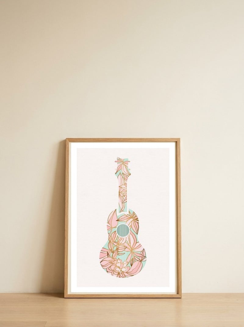 Aqua and Pink Floral Ukulele — framed, leaning against the wall