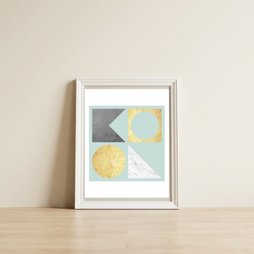 Marble and gold V — framed, leaning against the wall