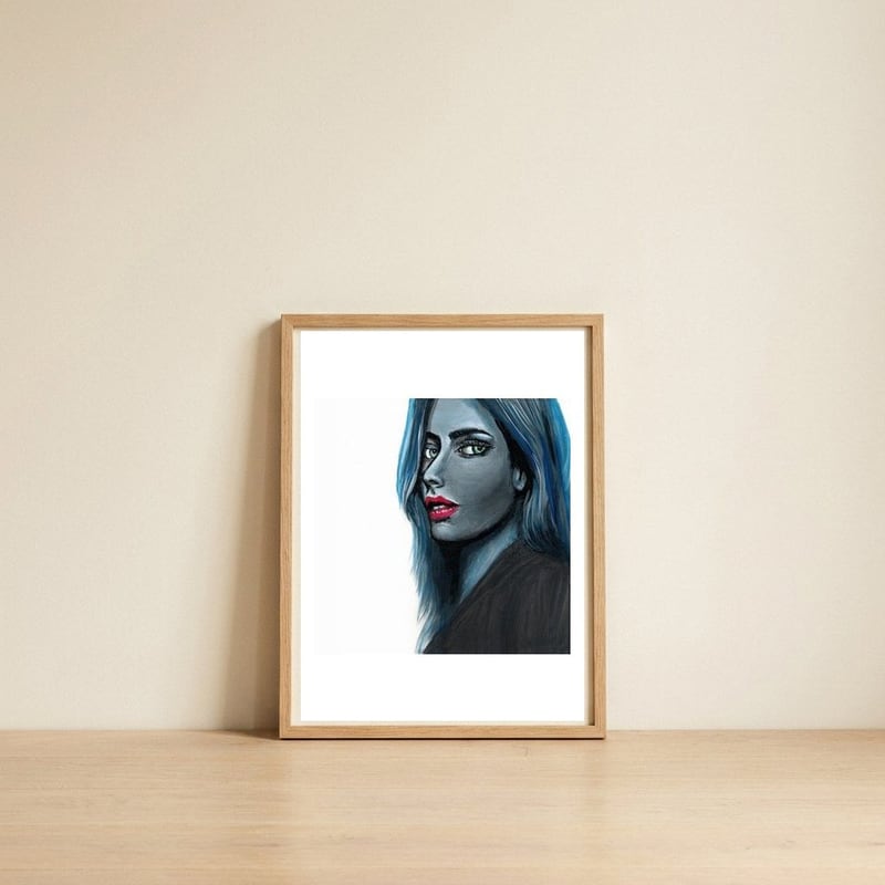 Blue Woman — framed, leaning against the wall