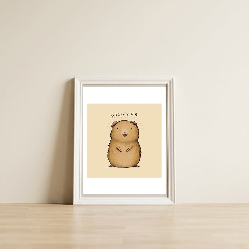 Grinnypig — framed, leaning against the wall