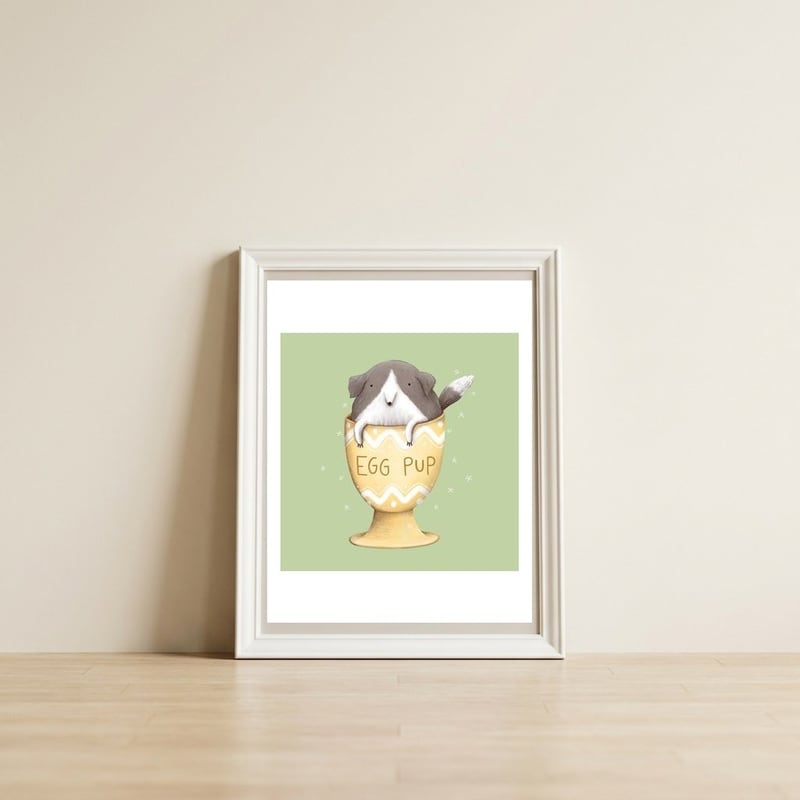 Egg Pup — framed, leaning against the wall