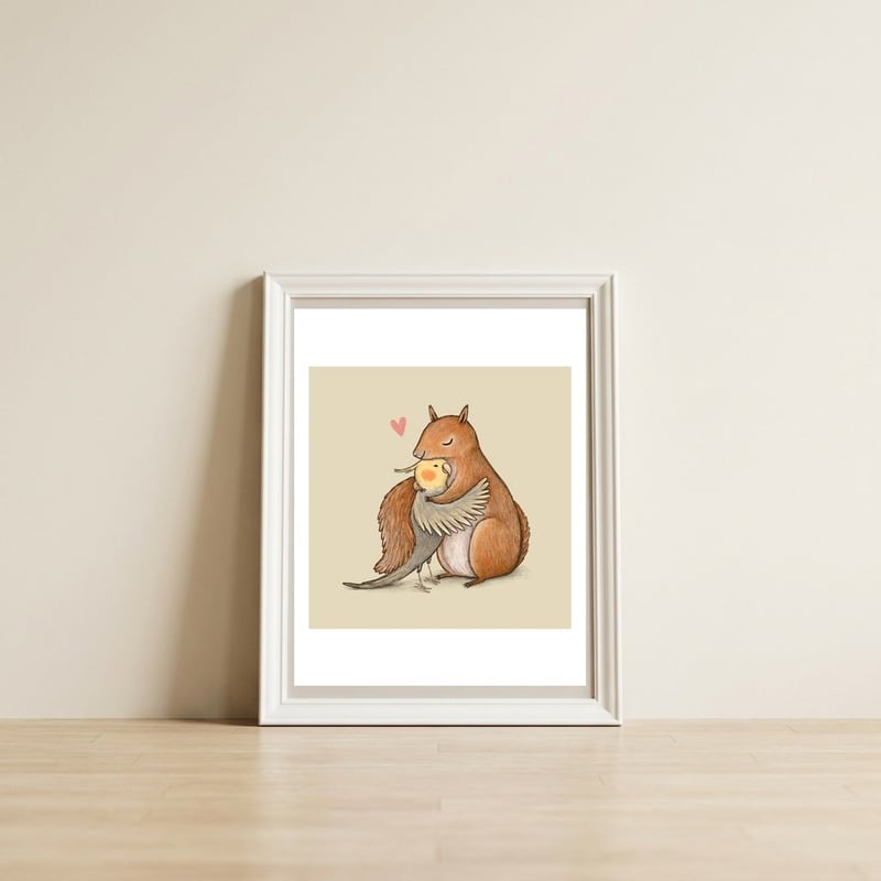 Cockatiel And Squirrel — framed, leaning against the wall