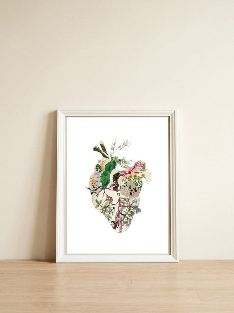 Vintage Botanical Heart — framed, leaning against the wall