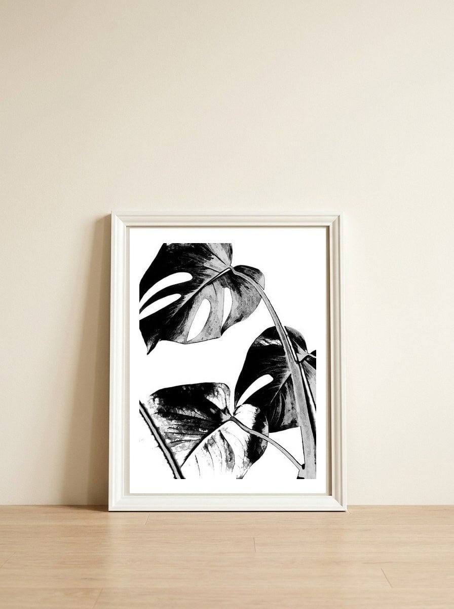 Black Tropical Leaves  — framed, leaning against the wall