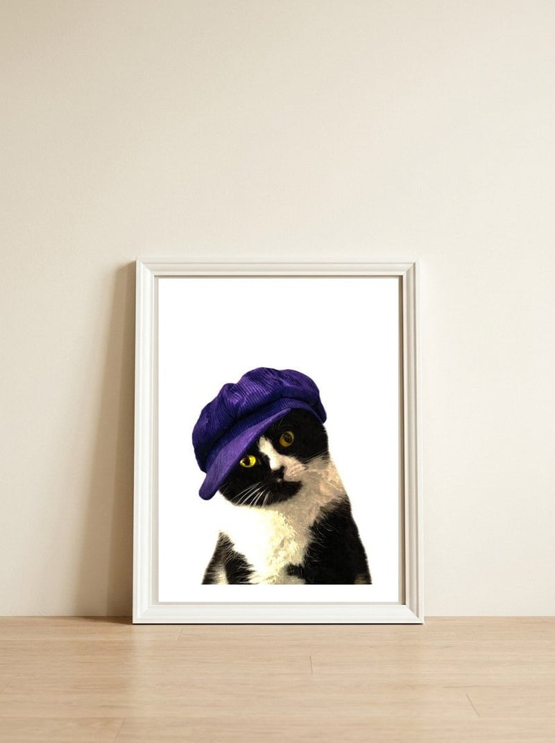 Cat Blue Hat — framed, leaning against the wall