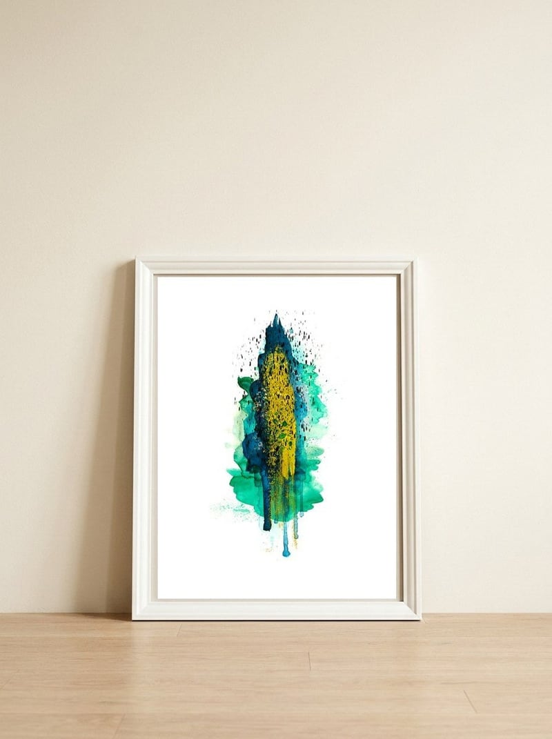 Abstract watercolour peacockgold — framed, leaning against the wall
