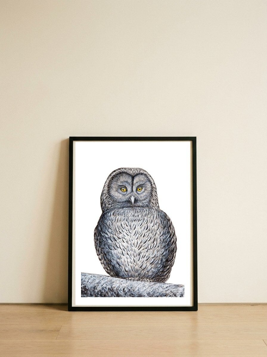 Owl — framed, leaning against the wall