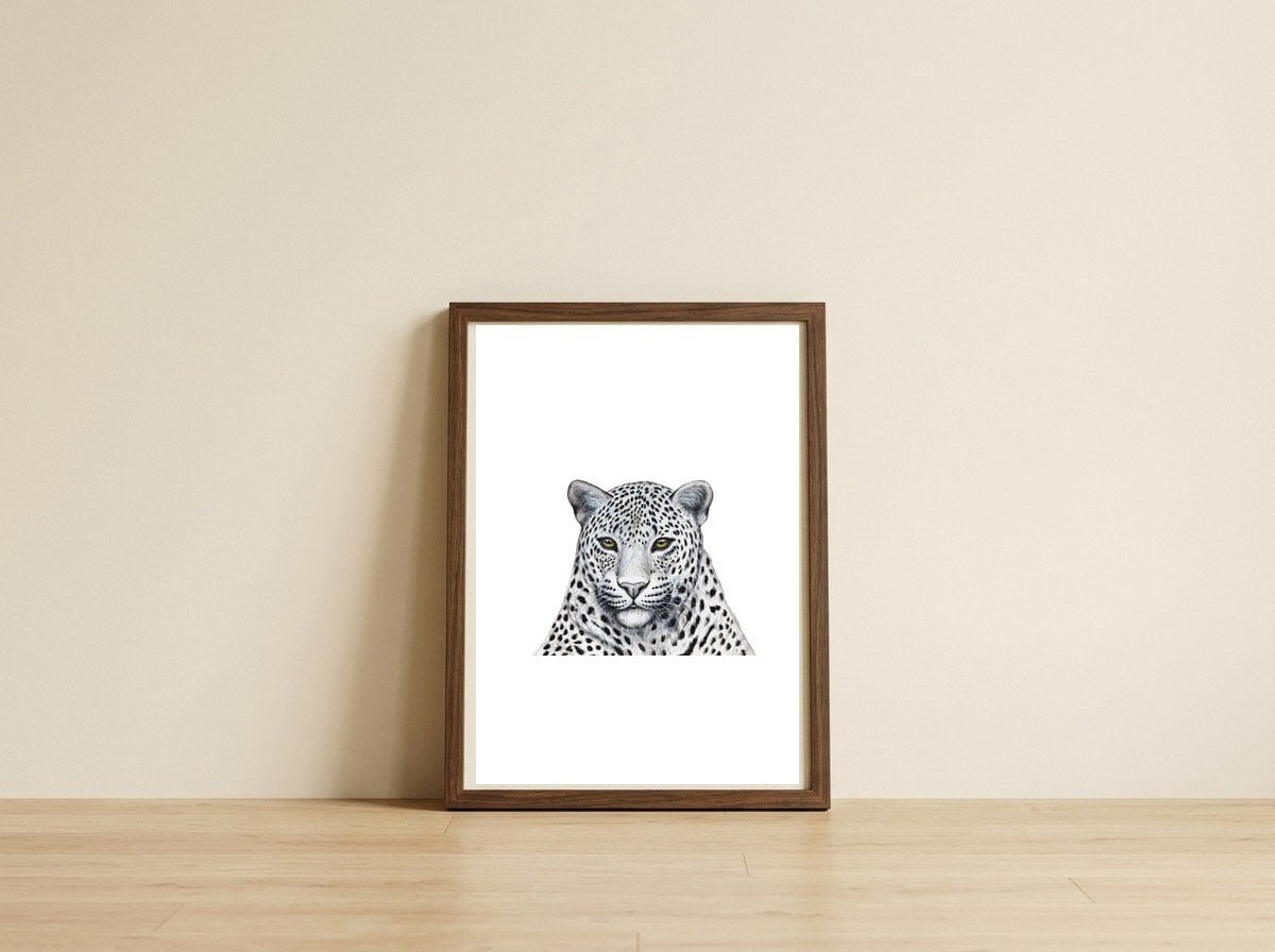 Leopard — framed, leaning against the wall