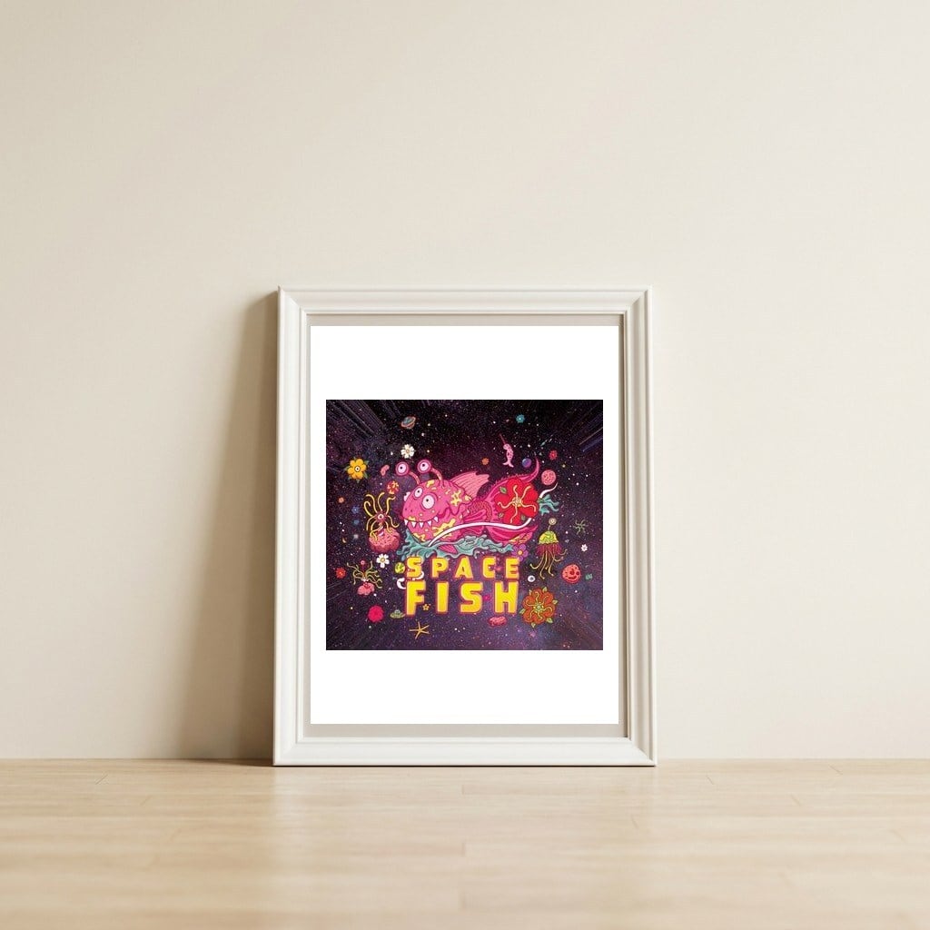 Space Fish — framed, leaning against the wall