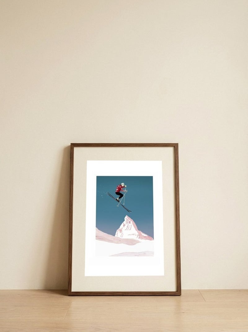 Mountain Love Skier — framed, leaning against the wall