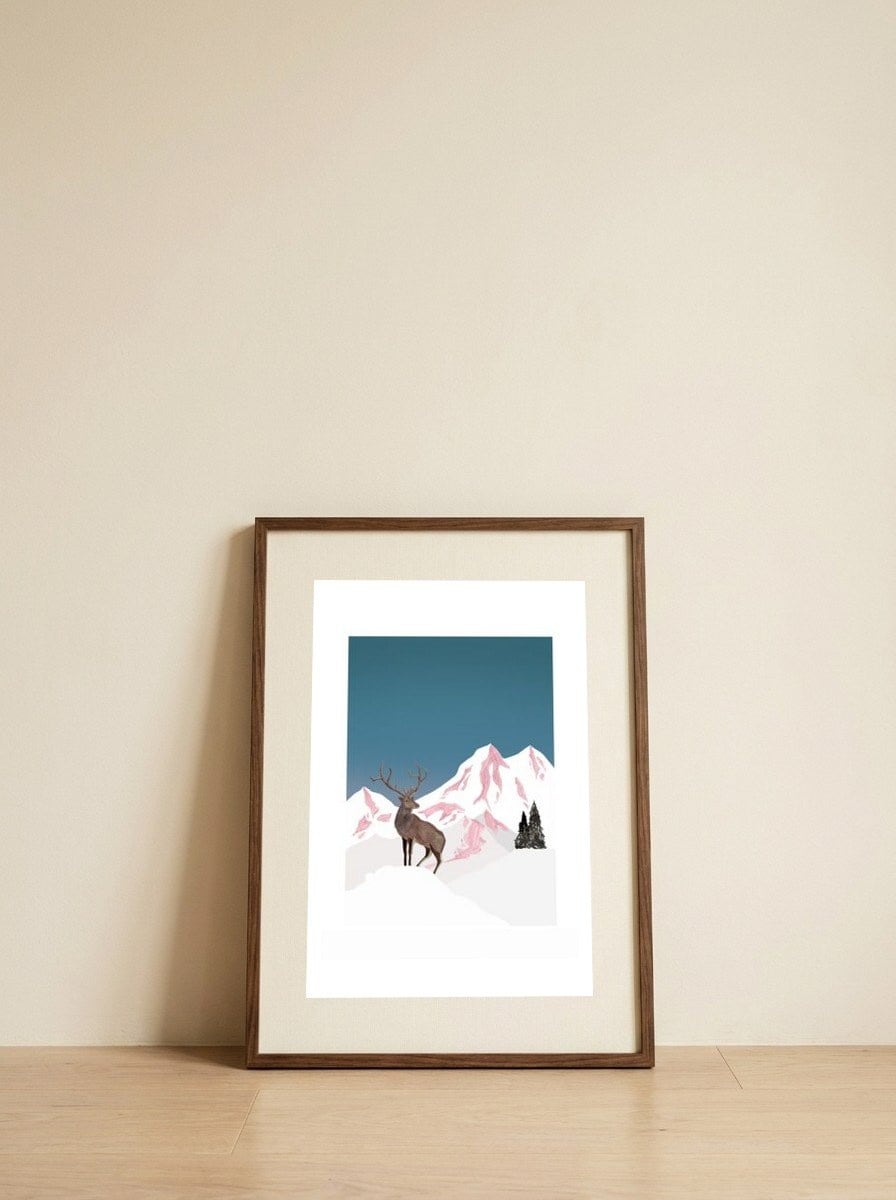 Mountain Love Winter Stag — framed, leaning against the wall
