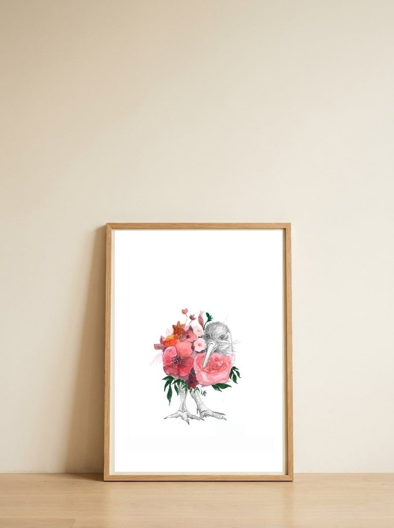 Kiwi — framed, leaning against the wall