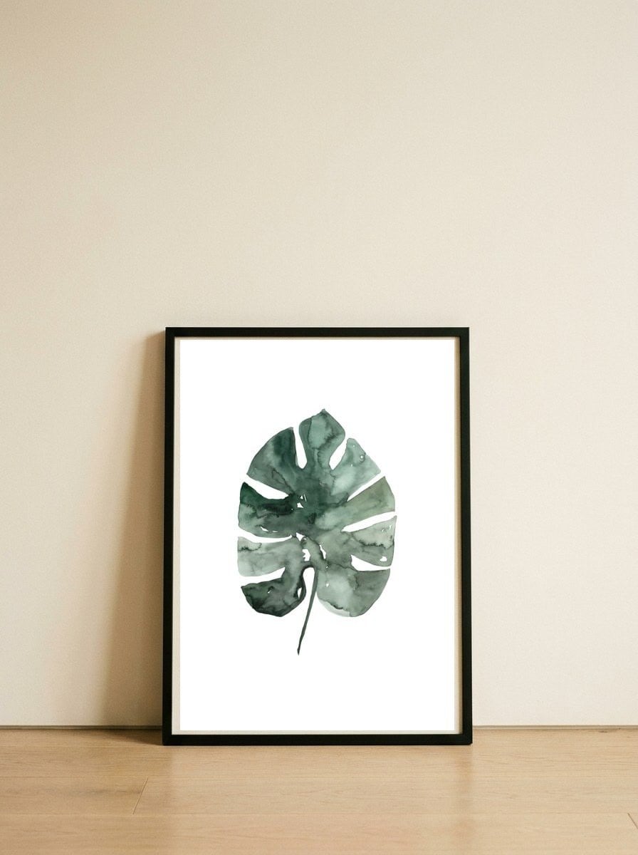 Botanical Illustration Monstera Leaf — framed, leaning against the wall