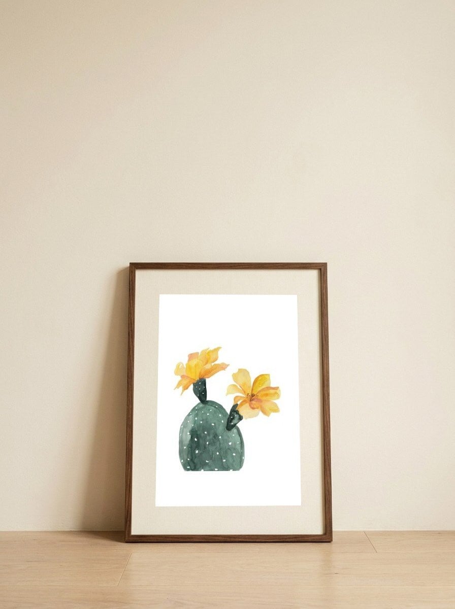 Botanical Illustration Yellow Cactus Flowers — framed, leaning against the wall