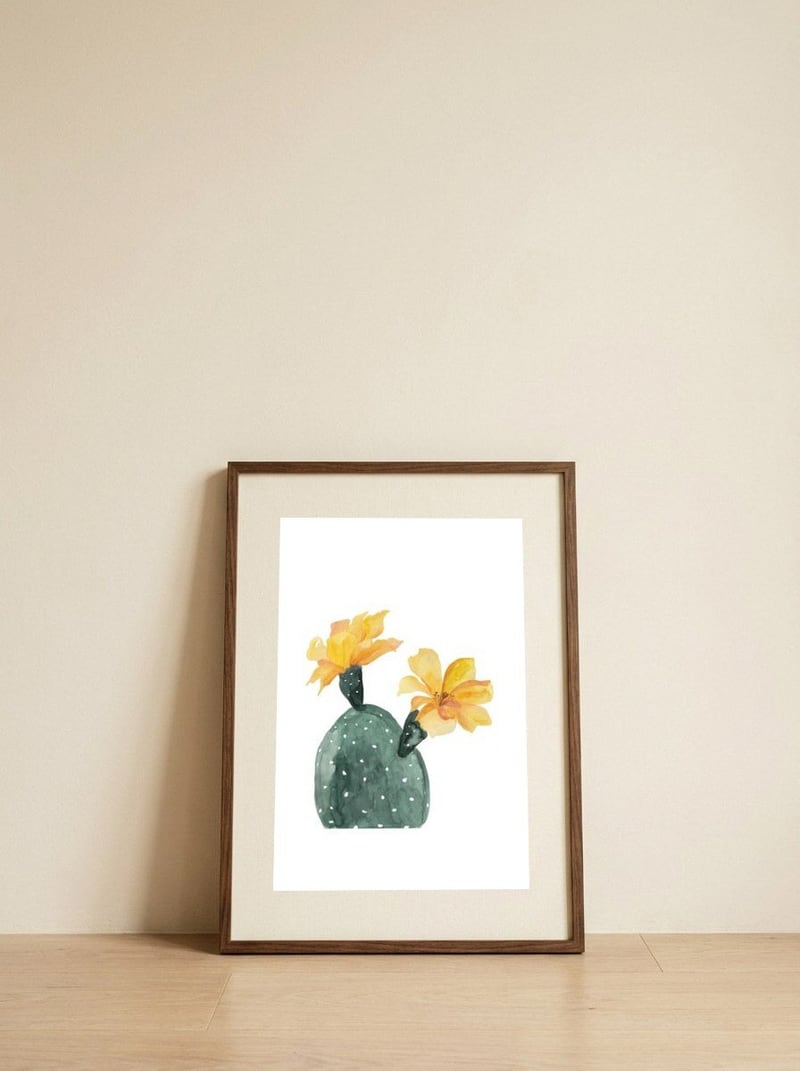 Botanical Illustration Yellow Cactus Flowers — framed, leaning against the wall