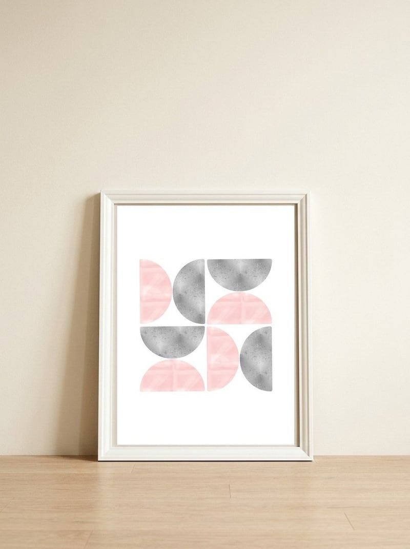 Half Moon Blush And Grey Abstract — framed, leaning against the wall