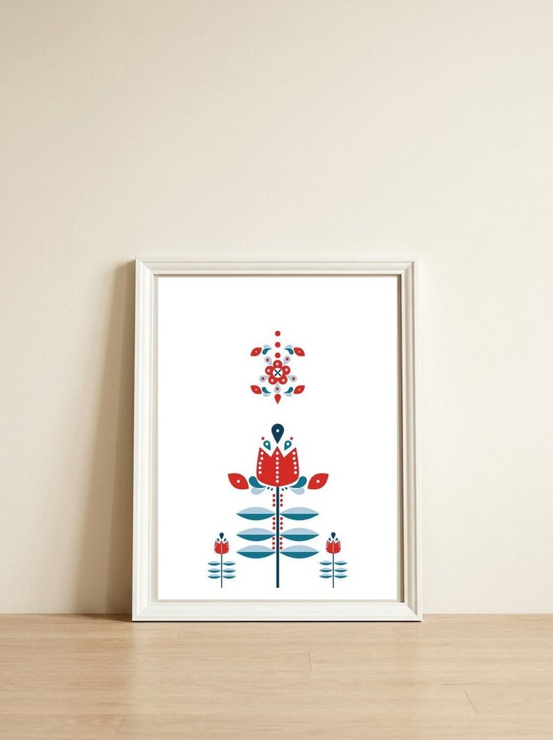 Scandinavian Folk Flowers — framed, leaning against the wall