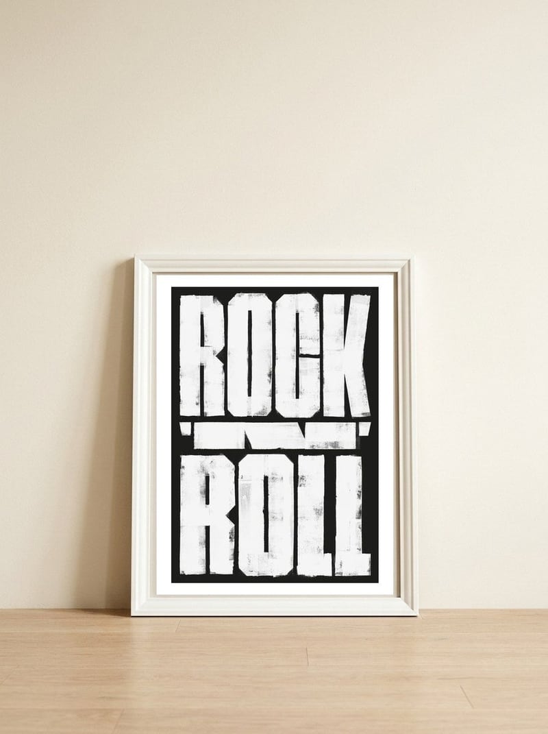 00106 Rock N Roll Print Final Bw — framed, leaning against the wall